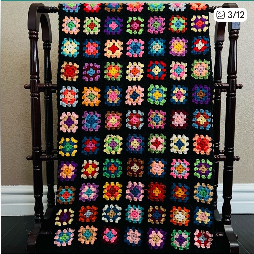 Vintage Cottagecore Colorful Wool Crochet Granny Square Blanket 59” x 62”